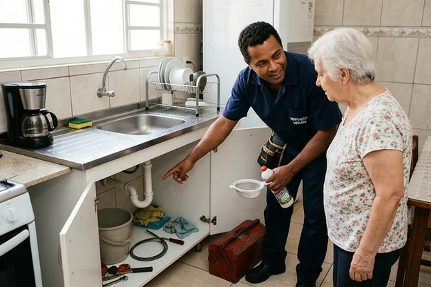 Encanador explicando medidas preventivas em uma cozinha.