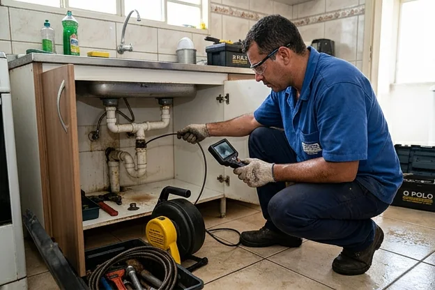 Técnico analisando tubulações para diagnóstico.
