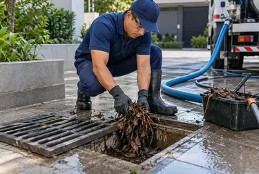 Técnico desentupindo uma rede pluvial.