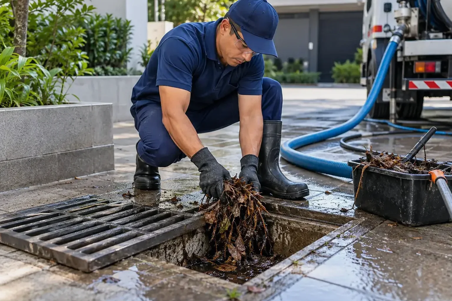Técnico desentupindo uma rede pluvial.
