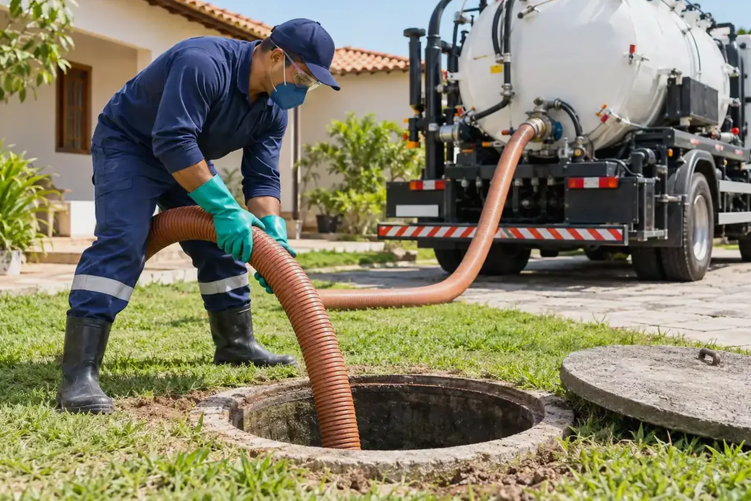 Técnico realizando limpeza em fossa séptica.